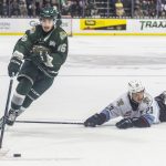 Everett Silvertips forward Dominik Rymon skates over the outstretched stick of Portland Winterhawks Ryan Miller during game seven of the second round of the WHL playoffs on Tuesday, April 22, 2025 in Everett, Washington. (Olivia Vanni / The Herald)