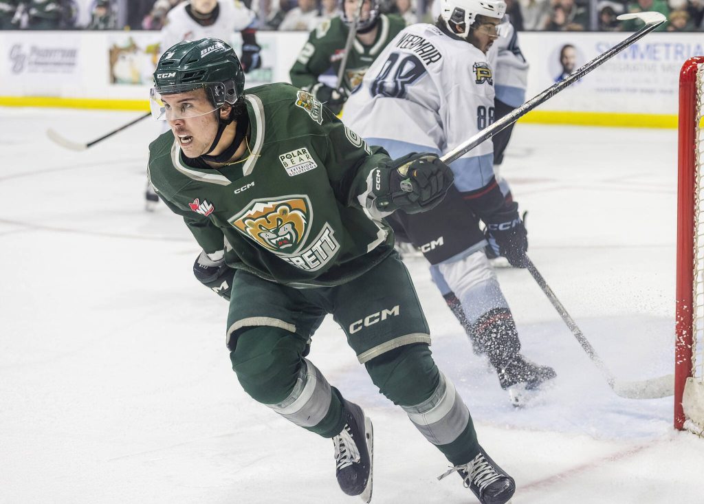 Everett Silvertips defenseman Landon DuPont celebrates after scoring during game seven of the second round of the WHL playoffs against the Portland Winterhawks on Tuesday, April 22, 2025 in Everett, Washington. (Olivia Vanni / The Herald)