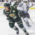 Everett Silvertips defenseman Landon DuPont celebrates after scoring during game seven of the second round of the WHL playoffs against the Portland Winterhawks on Tuesday, April 22, 2025 in Everett, Washington. (Olivia Vanni / The Herald)