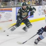 Everett Silvertips forward Zackary Shantz stops to try and get around Portland Winterhawks Cole Slobodian during game seven of the second round of the WHL playoffs on Tuesday, April 22, 2025 in Everett, Washington. (Olivia Vanni / The Herald)