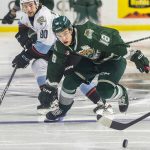 Everett Silvertips’ forward Zackary Shantz scrambles after the puck during game seven of the second round of the WHL playoffs against the Portland Winterhawks on Tuesday, April 22, 2025 in Everett, Washington. (Olivia Vanni / The Herald)