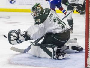 Silvertips’ Jesse Sanche blocks a shot during the game against the Edmonton Oil Kings on Friday, Oct. 25, 2024 in Everett, Washington. (Olivia Vanni / The Herald)