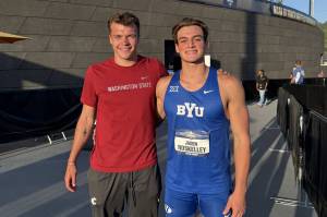 Parker Duskin (left) and Jaden Roskelley pose outside Hayward Field following the 2025 NCAA Outdoor Track & Field National Championships, which took place in Eugene, Oregon from June 11-14. The two graduated a year apart from Arlington High School, and Duskin competed for Washington State while Roskelley competes for BYU. (Photo courtesy of Jaden Roskelley)