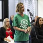 Laura Matthews, a former Early Learning Center teacher, speaks to the Everett Community College Board during a meeting on Thursday, June 26, 2025 in Everett, Washington. (Olivia Vanni / The Herald)