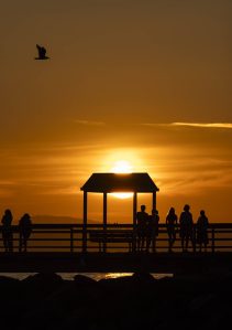 The sun begins to set as people walk along the Edmonds Fishing Pier on Thursday, July 17, 2025 in Edmonds, Washington. (Olivia Vanni / The Herald)