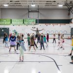 Students participate in P.E. class in the gym that also doubles as the cafeteria at Glenwood Elementary on Monday, Sept. 9, 2024 in Lake Stevens, Washington. (Olivia Vanni / The Herald)