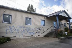 Graffiti covers the northern side of the Boys & Girls Clubs of Snohomish County Cascade Unit in 2023 in Everett. (Olivia Vanni / The Herald)