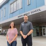 Teacher Jenny Overstreet and North Middle School Principal Tyler Ream outside of the school on Tuesday, Sept. 9, 2025 in Everett, Washington. (Olivia Vanni / The Herald)