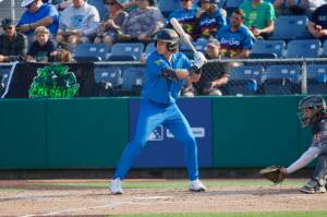 AquaSox infielder Carter Dorighi prepares to swing during Everett's 7-5 win against the Eugene Emeralds at Funko Field on Aug. 31, 2025. (Joe Pohoryles / The Herald)