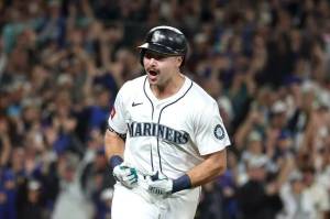 Cal Raleigh of the Seattle Mariners hit his 60th home run of the season as the Mariners clinched the American League West division title. (Steph Chambers / Getty Images / Tribune News Services)