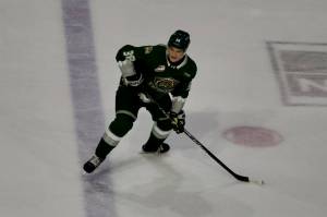 Silvertips forward Shea Busch looks to receive a pass before heading up ice during Everett's 9-4 win against Victoria at Angel of the Winds Arena on Oct. 4, 2025. Busch had a hat trick and two assists in the win. (Joe Pohoryles / The Herald)