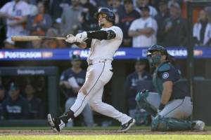 Javier Baez of the Detroit Tigers hits a home run against the Seattle Mariners on Wednesday, Oct. 8, 2025 at Comerica Park in Detroit. (The Athletic)