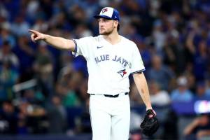 Trey Yesavage (39) of the Toronto Blue Jays celebrates during the fifth inning against the Seattle Mariners in Game 6 of the American League Championship Series at Rogers Centre on October 19, 2025 in Toronto, Ontario. (Vaughn Ridley / Getty Images / The Athletic)