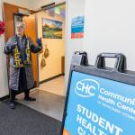 Everett High School Principal Kelly Shepherd opens up the new Student Health Clinic at the school on Oct. 30, 2025 in Everett, Washington. (Olivia Vanni / The Herald)