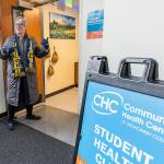 Everett High School Principal Kelly Shepherd opens up the new Student Health Clinic at the school on Oct. 30, 2025 in Everett, Washington. (Olivia Vanni / The Herald)