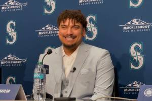 First baseman Josh Naylor speaks to the media about his new contract with the Seattle Mariners during a press conference at T-Mobile Park in Seattle, Washington on Tuesday, Nov. 15, 2025. (Aaron Coe / The Herald)