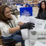 Anne Sarinas (left) and Lisa Kopecki sort ballots to be taken up to the Snohomis County election center to be processed on Nov. 3 in Everett. (Olivia Vanni / The Herald file photo)
