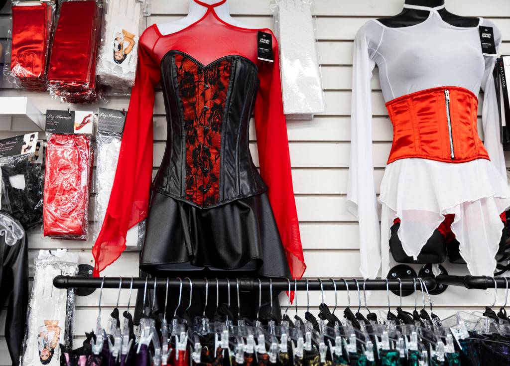 A selection of corsets available at Lovers Lair on Dec. 19, 2025 in Everett. (Olivia Vanni / The Herald)