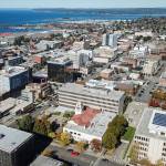 A view of downtown Everett facing northwest on Oct. 14, 2025. (Olivia Vanni / The Herald)