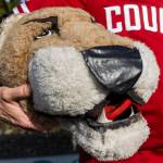 Brandon Tepley holds a vintage Butch head that is crafted over a football helmet. (Olivia Vanni / The Herald)