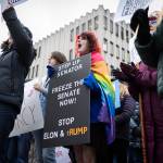 Ari Smith, 14, cheers in agreement with one of the speakers during Snohomish County Indivisibles senator office rally at the Snohomish County Campus on Wednesday, Feb. 5, 2025, in Everett, Washington. (Olivia Vanni / The Herald)