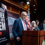 Senate Minority Leader Chuck Schumer (D-N.Y.) speaks at a news conference on Capitol Hill with, from left, Sen.Patty Murray (D-Wash.), Sen. Amy Klobuchar (D-Minn.) and Sen. Brian Schatz (D-Hawaii) after the House passed a stopgap bill to keep federal funding flowing past a Sept. 30 deadline on Friday, Sept. 19, 2025.  (Haiyun Jiang/The New York Times)