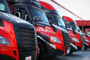 Freightliner eCascadia electric trucks used in a Coca-Cola Bottling fleet are pictured in 2023. (Photo courtesy of Daimler Truck AG)