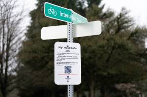 A sign notifying people of the new buffer zone around 41st Street in Everett on Wednesday, Jan. 7. (Will Geschke / The Herald)
