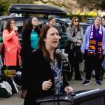 Sen. Noel Frame, D-Seattle, speaks at a rally during the 2025 session. Frame has been a leading voice in the Legislature in support of progressive taxes. (Photo by Jacquelyn Jimenez Romero/Washington State Standard)