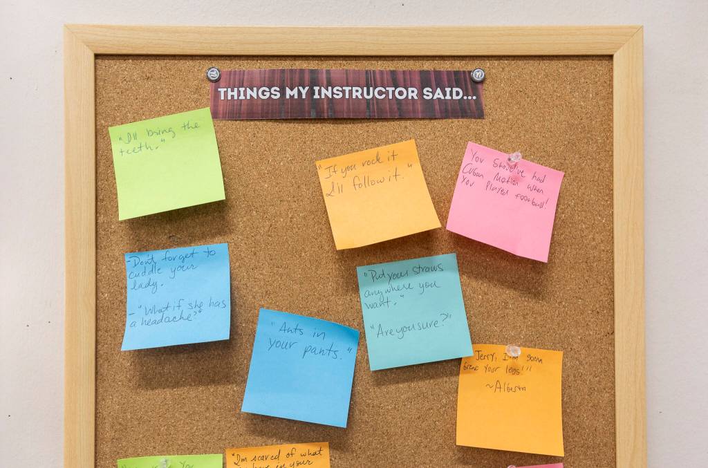 Sticky notes with instructor quotes fill a board at the Arthur Murray Dance Center on Tuesday, Jan. 13, 2026 in Everett, Washington. (Olivia Vanni / The Herald)