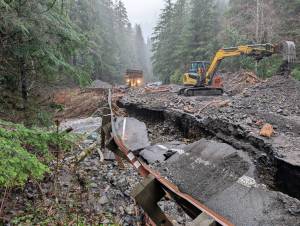 A damaged section of State Route 542 between mileposts 43 and 45 east of Glacier after flooding from an atmospheric river in December 2025. (Photo courtesy of Washington State Department of Transportation)