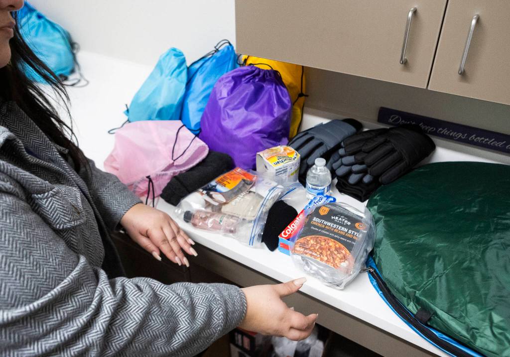 Inside one of the care bags offered by the Disaster Assistance Center on Wednesday, Jan. 14, 2026 in Sultan, Washington. (Olivia Vanni / The Herald)