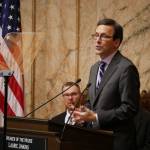 Gov. Bob Ferguson delivers his State of the State address on Tuesday in the House chamber at the Washington state Capitol. (Photo by Bill Lucia/Washington State Standard)