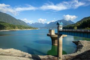 Spada Lake is seen from Culmback Dam on Sunday, Oct. 1, 2023, near Sultan, Washington. The reservior supplies roughly 75% of Snohomish County with its water. (Ryan Berry / The Herald)