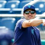 Everett AquaSox manager Ryan Scott plays catch behind the batting cage during practice Tuesday, April 2, 2024, at Funko Field in Everett, Washington. (Ryan Berry / The Herald)
Everett AquaSox manager Ryan Scott plays catch behind the batting cage during practice Tuesday, April 2, 2024, at Funko Field in Everett, Washington. (Ryan Berry / The Herald)
