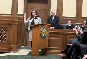Washington state Supreme Court Justice Colleen Melody is sworn in Wednesday, Jan. 21, 2026, in Olympia, Washington. (Photo by Jake Goldstein-Street/Washington State Standard)