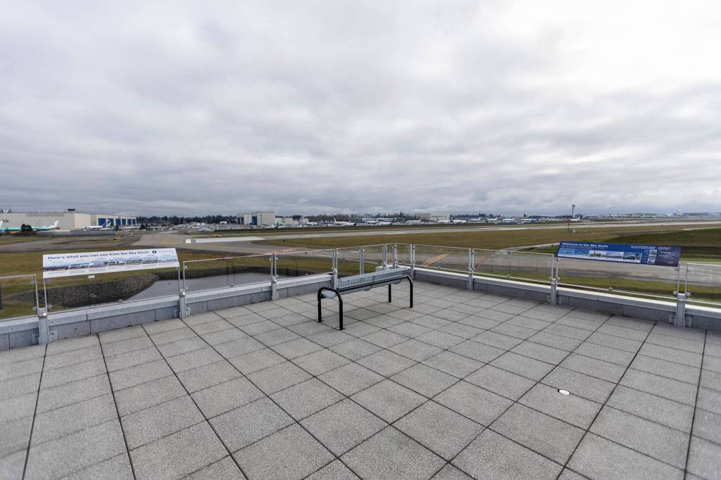 The view from the Sky Deck at the Boeing Future of Flight on Thursday, Jan. 15, 2026 in Everett, Washington. (Olivia Vanni / The Herald)