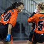 Monroe High Schools Betzy Garcia celebrates her touchdown against Everett High during a flag football game on Jan. 14 in Everett. School levies fund athletic and extracurricular programs, along with much more in both school district and in other school districts across the county. Both Monroe and Everett school districts are seeking voter approval of operations levies and school construction bonds in the Feb. 10 special election. (Olivia Vanni / The Herald)