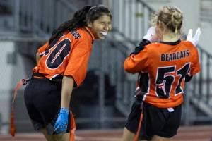Monroe’s Betzy Garcia celebrates scoring a touchdown against Everett during the game on Wednesday, Jan. 14, 2026 in Everett, Washington. (Olivia Vanni / The Herald)