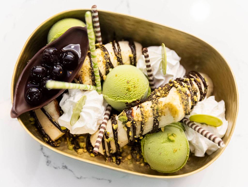 The banana split with fudge brownie, pistachio gelato and whipped cream from Whiskey Prime Steakhouse at the Angel of the Winds Casino Resort on Thursday, Jan. 29, 2026 in Arlington, Washington. (Olivia Vanni / The Herald)