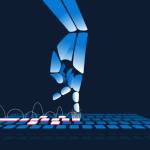 Robotic hand playing hopscotch on a keyboard. Artifical intelligence, text generators, ai and job issues concept. Vector illustration.