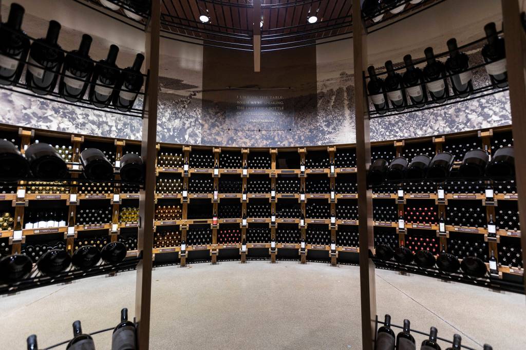 A large selection of wine inside Chateau Ste. Michelle tasting room on Wednesday, Jan. 21, 2026 in Woodinville, Washington. (Olivia Vanni / The Herald)