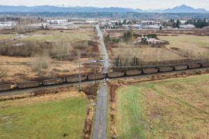 A train sits on the tracks that intersects with 156th Street Northeast on Tuesday, Feb. 3, 2026 in Marysville, Washington. (Olivia Vanni / The Herald)