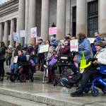 Advocates for people with intellectual and developmental disabilities rallied on the state Capitol steps on Jan. 17, 2024. (Laurel Demkovich / Washington State Standard)