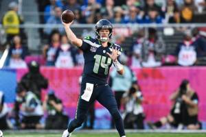 Seahawks quarterback Sam Darnold throws a pass during Super Bowl LX on Sunday, February 8, 2026. (Photo courtesy of the Seattle Seahawks)