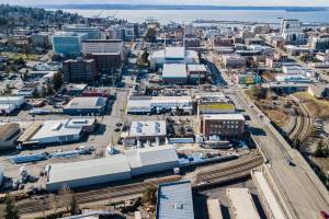 A view of one of the potential locations of the new AquaSox stadium in February 2024 in Everett. The site sits between Hewitt Avenue, Broadway, Pacific Avenue and the railroad. (Olivia Vanni / The Herald)
