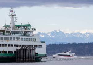 A Puget Sound Express whale watching charter passes by the M/V Puyallup at the Edmonds Ferry Terminal on Thursday, Feb. 26, 2026 in Edmonds, Washington. (Olivia Vanni / The Herald)