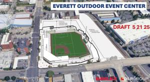 A preliminary rendering of a new outdoor stadium shows how the event center with a home plate entrance at Broadway and Pacific Avenue, looking North. (City of Everett)