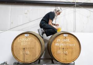 Katie Cochrane, head of production at Garden Path Fermentation, tops off a cider barrel on Wednesday, Jan. 7, 2026 in Burlington, Washington. (Olivia Vanni / The Herald)