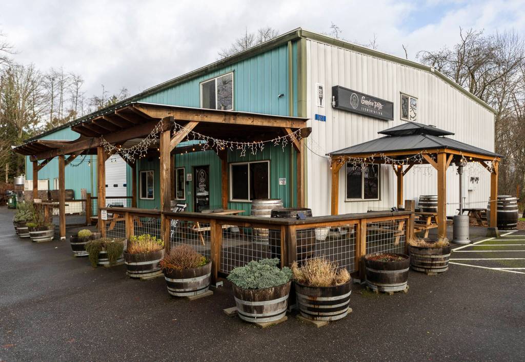 Outside seating at Garden Path Fermentation on Wednesday, Jan. 7, 2026 in Burlington, Washington. (Olivia Vanni / The Herald)